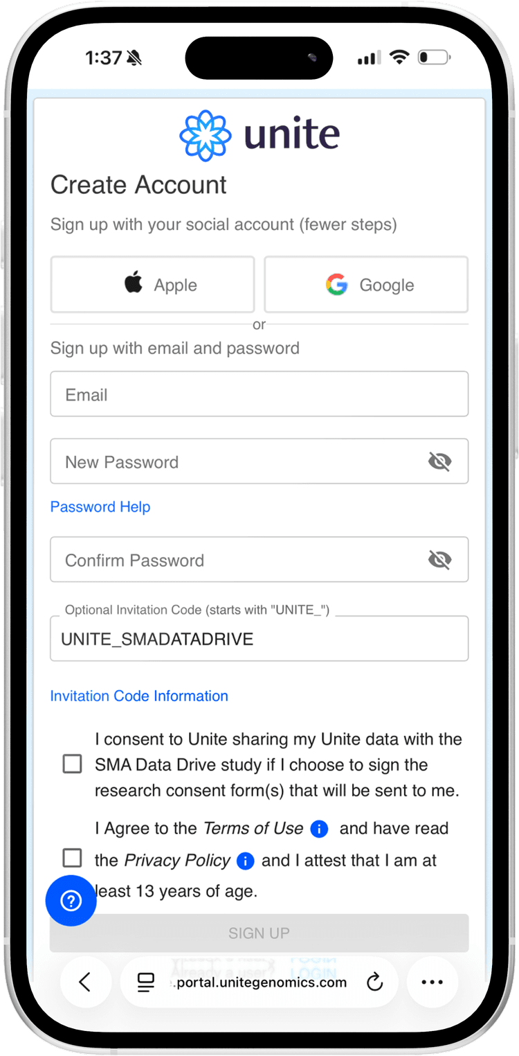 Unite app - Create Account screen